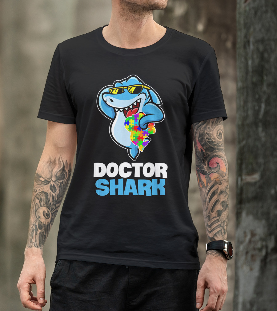 Doctor Shark Sunglasses Holding Autism Puzzle Heart T-Shirt