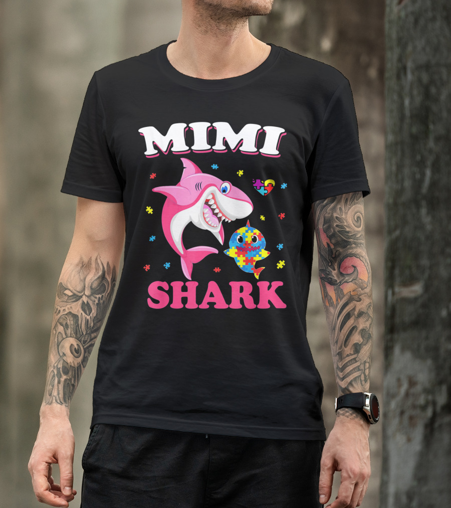 Mimi Shark Autism Awareness Puzzle Heart Colorful Sharks T-Shirt