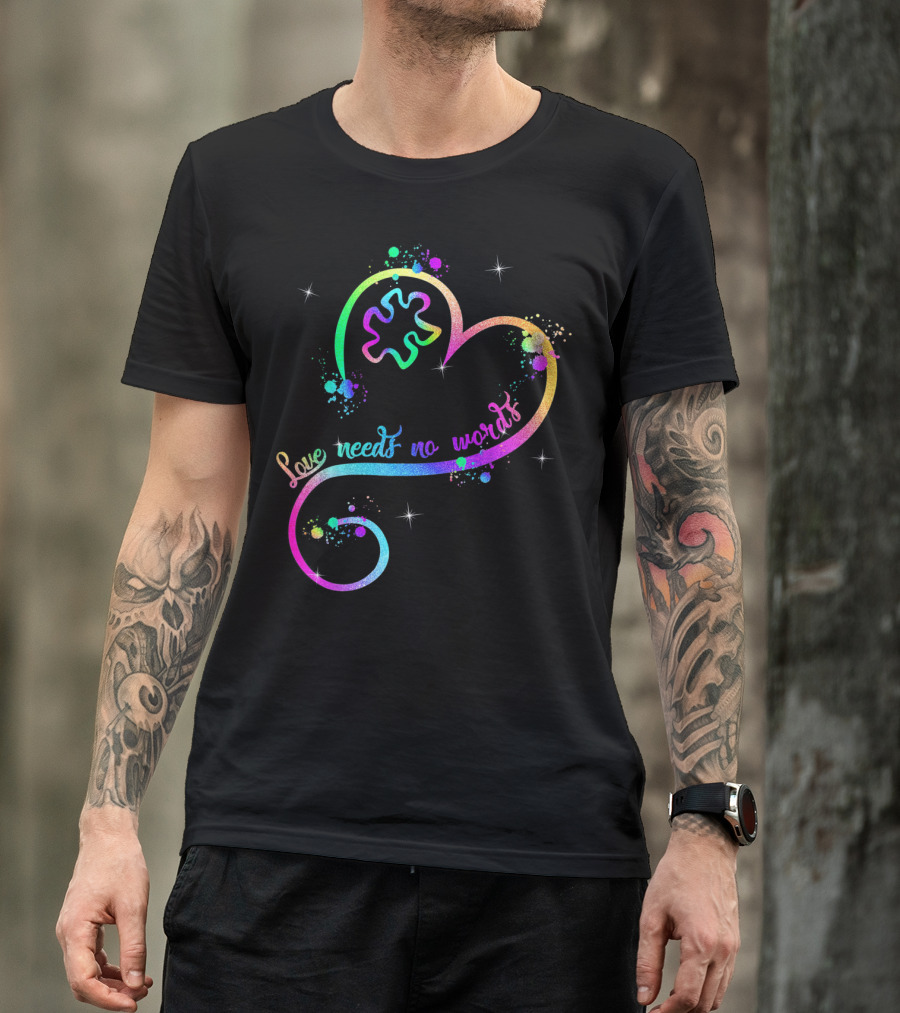 Love Needs No Words Heart Ribbon Puzzle Autism T-Shirt