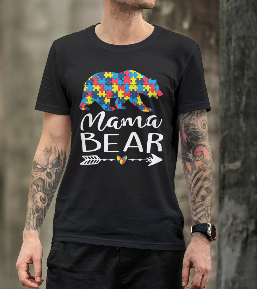 Mama Bear Autism Awareness Puzzle Heart Arrow T-Shirt