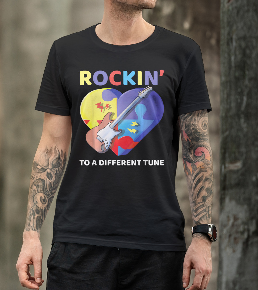 Rockin' To A Different Tune Autism Awareness Guitar Heart Puzzle T-Shirt