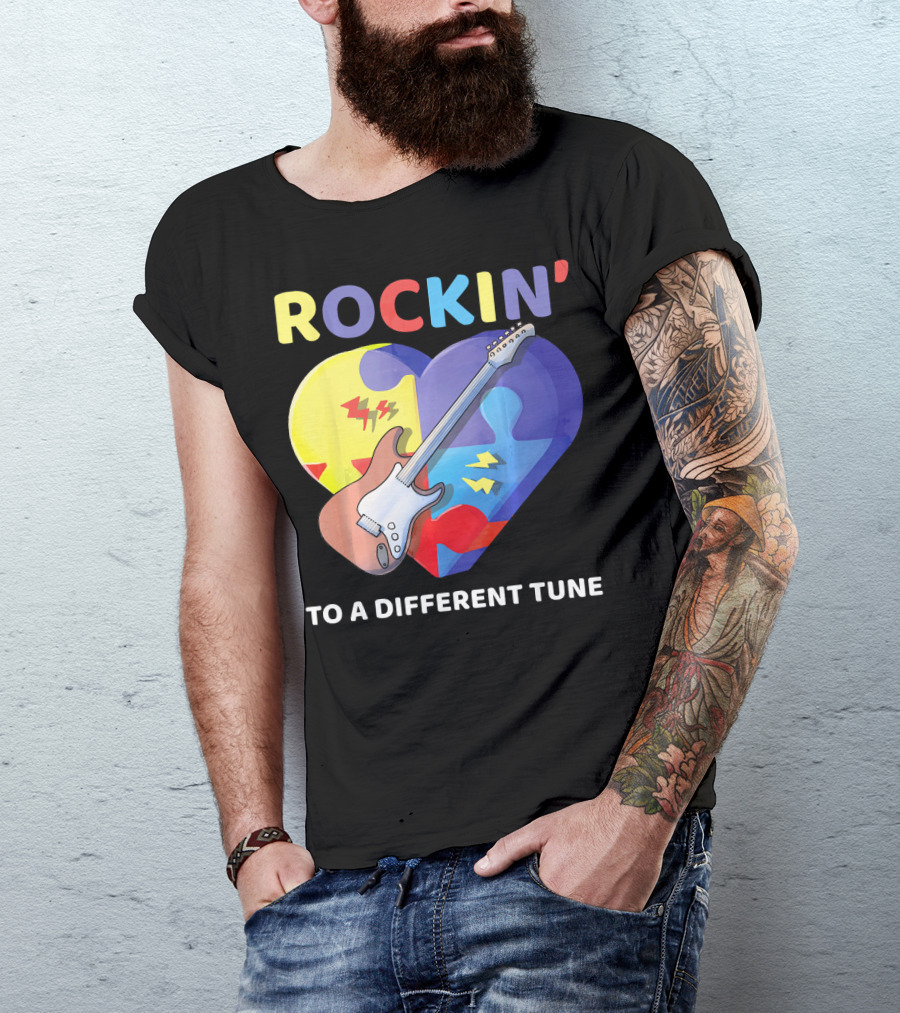 Rockin' To A Different Tune Autism Awareness Guitar Heart Puzzle T-Shirt