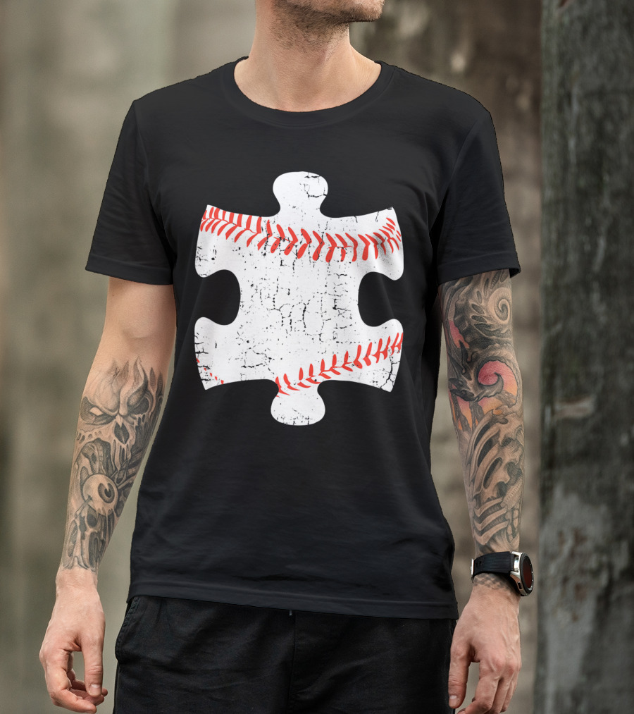 Baseball Stitch Puzzle Piece Autism Awareness T-Shirt