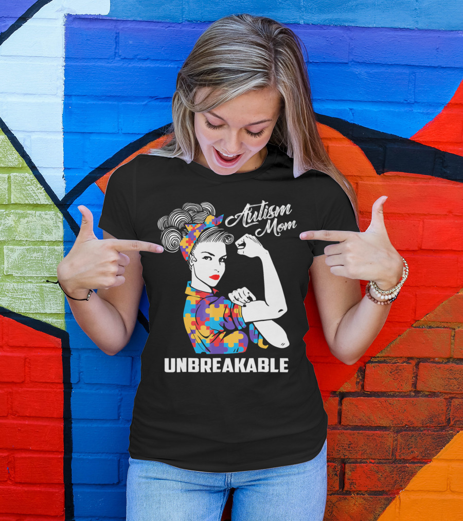 Autism Mom Unbreakable Puzzle Pattern Rosie The Riveter T-Shirt