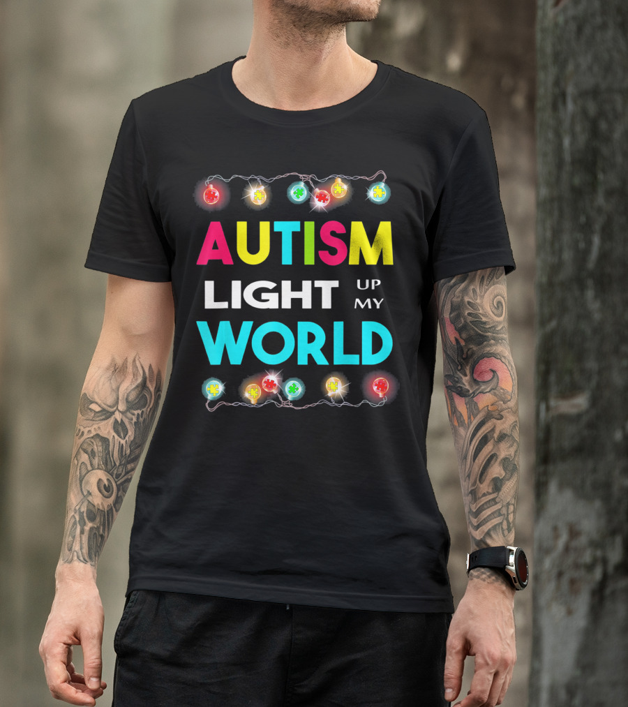 Autism Light Up My World Autism Awareness Puzzle String Lights T-Shirt