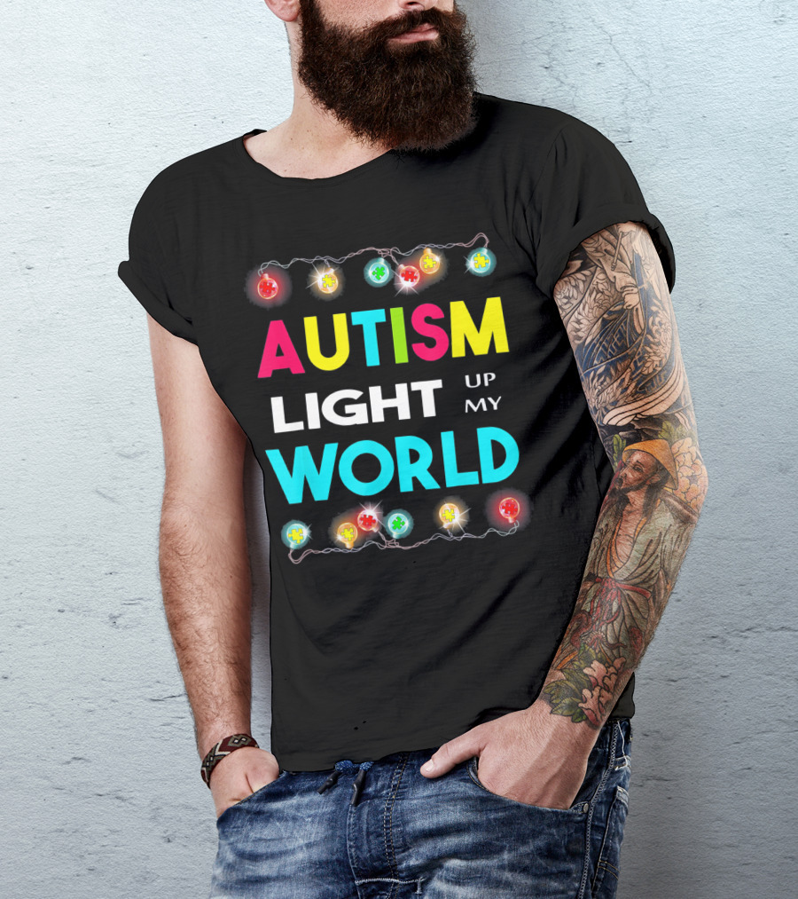 Autism Light Up My World Autism Awareness Puzzle String Lights T-Shirt