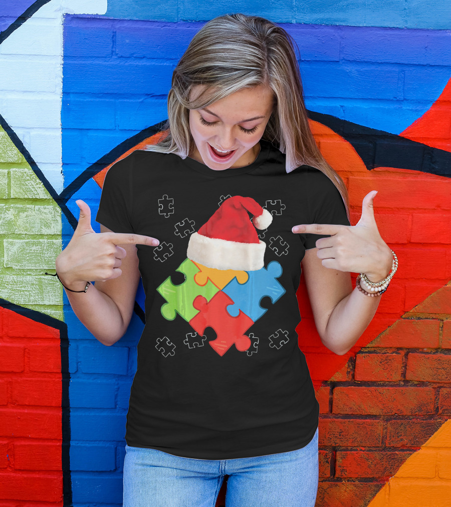 Autism Puzzle Pieces With Santa Hat Holiday T-Shirt