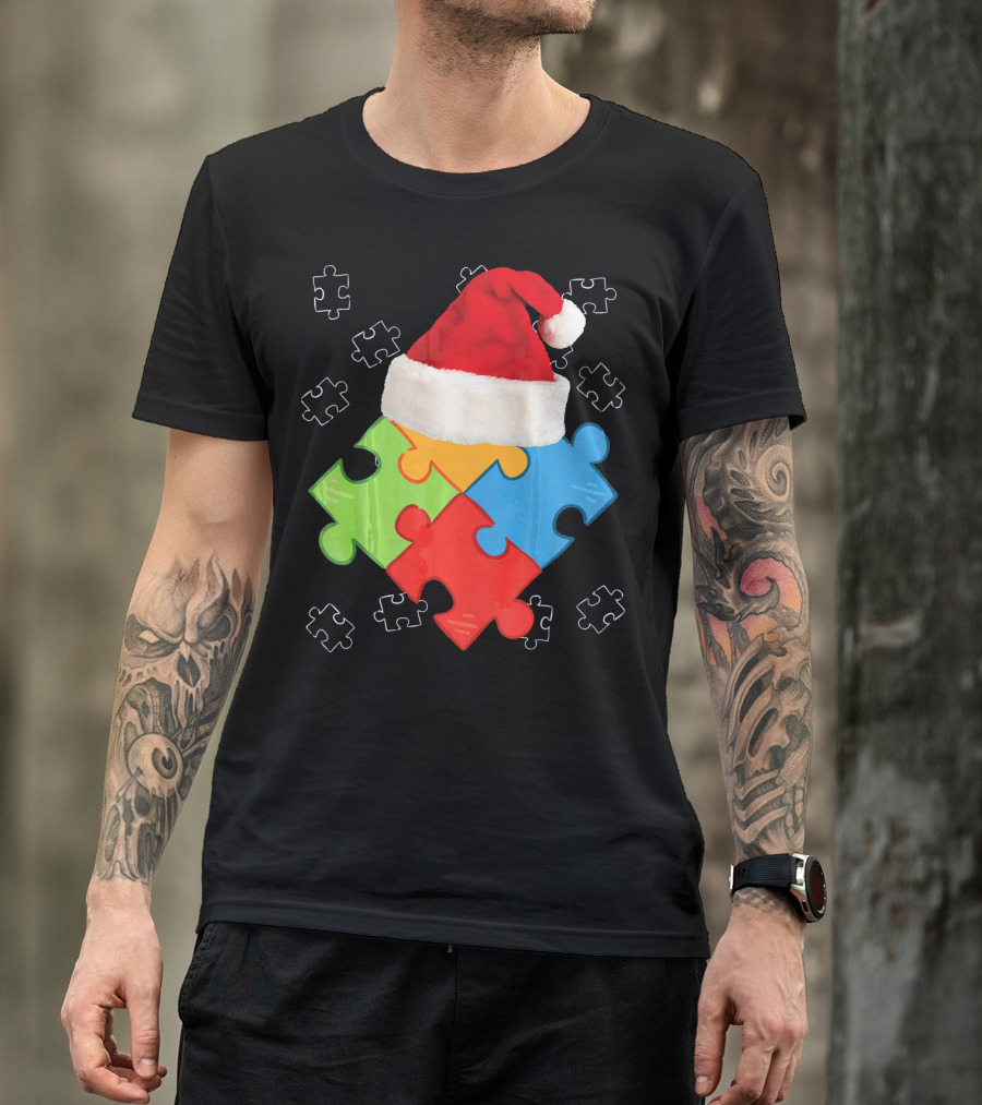 Autism Puzzle Pieces With Santa Hat Holiday T-Shirt