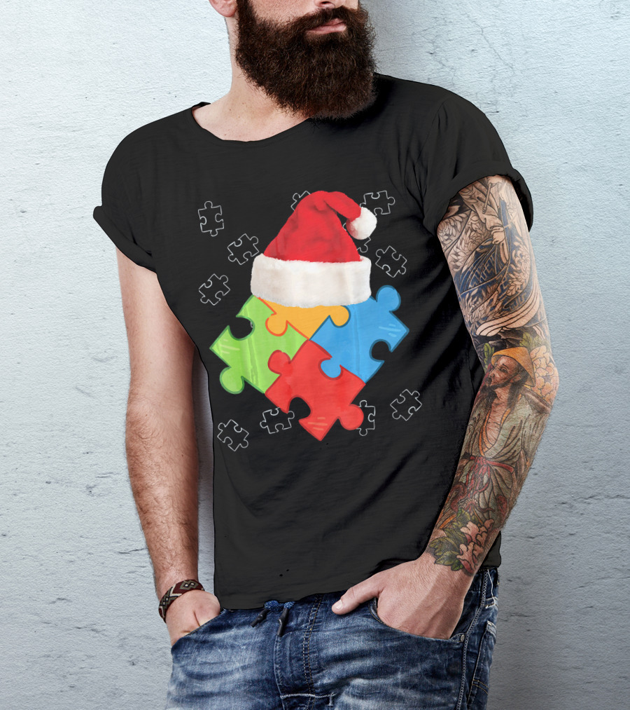 Autism Puzzle Pieces With Santa Hat Holiday T-Shirt
