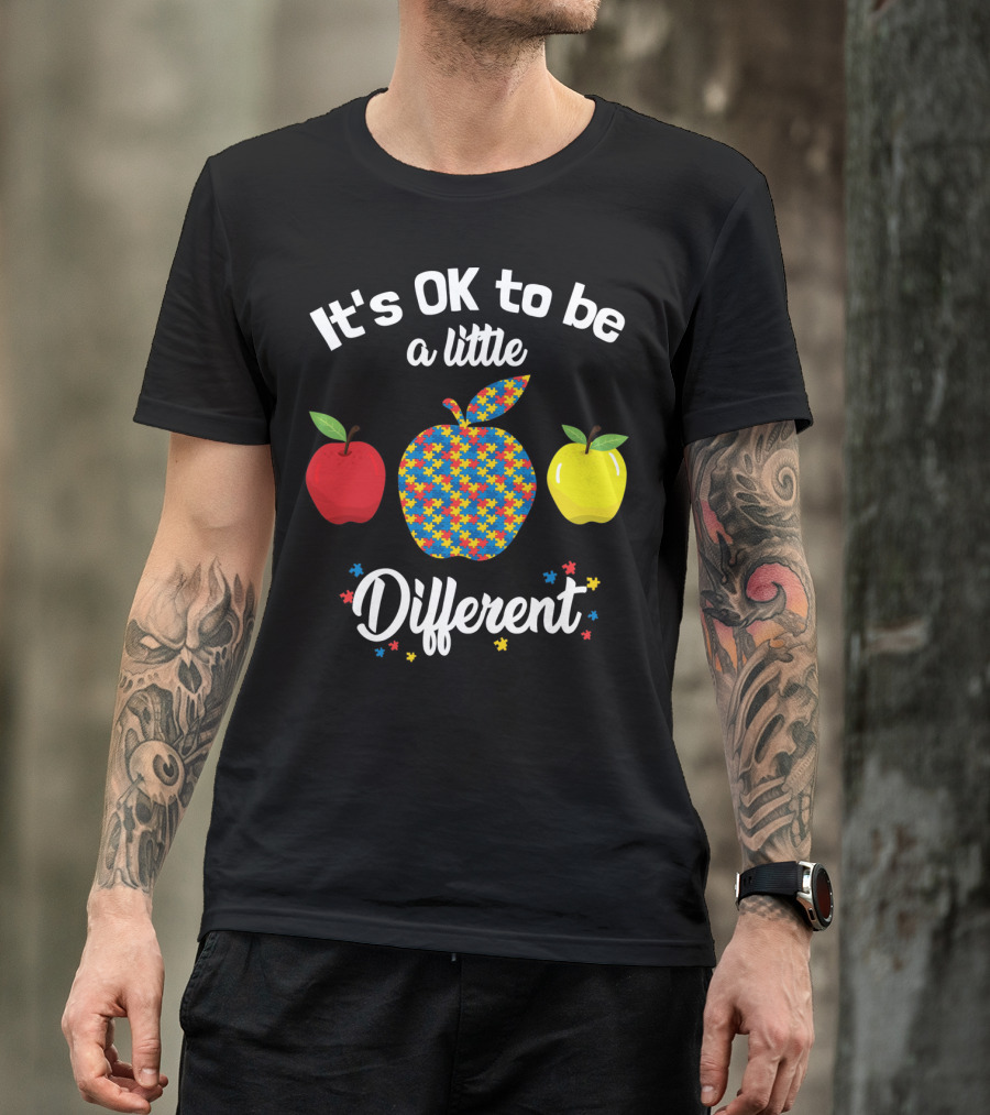 It's OK To Be A Little Different Apple Teacher Aut Puzzle Pattern Red Yellow T-Shirt