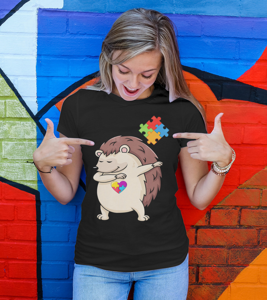 Hedgehog Dabbing With Puzzle Pieces Heart Autism Awareness T-Shirt