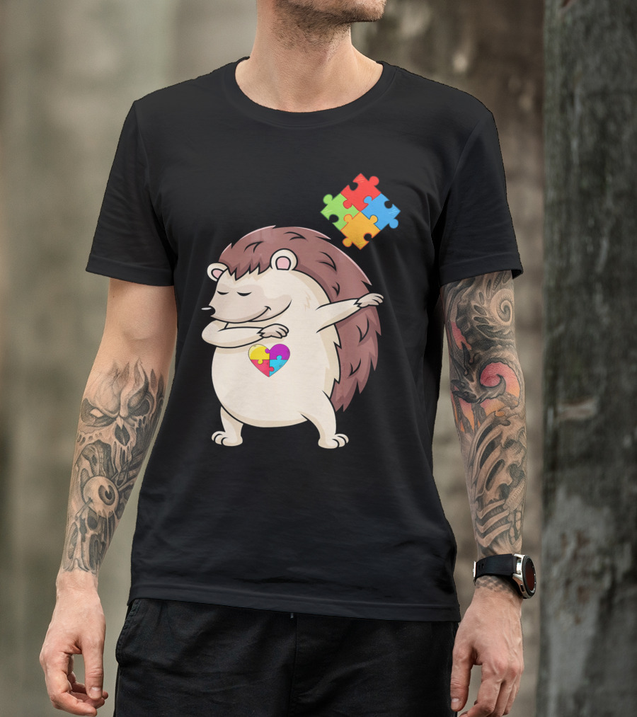 Hedgehog Dabbing With Puzzle Pieces Heart Autism Awareness T-Shirt