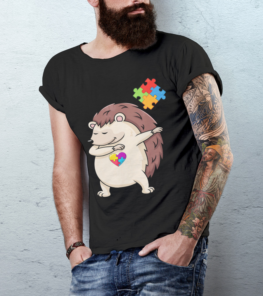 Hedgehog Dabbing With Puzzle Pieces Heart Autism Awareness T-Shirt
