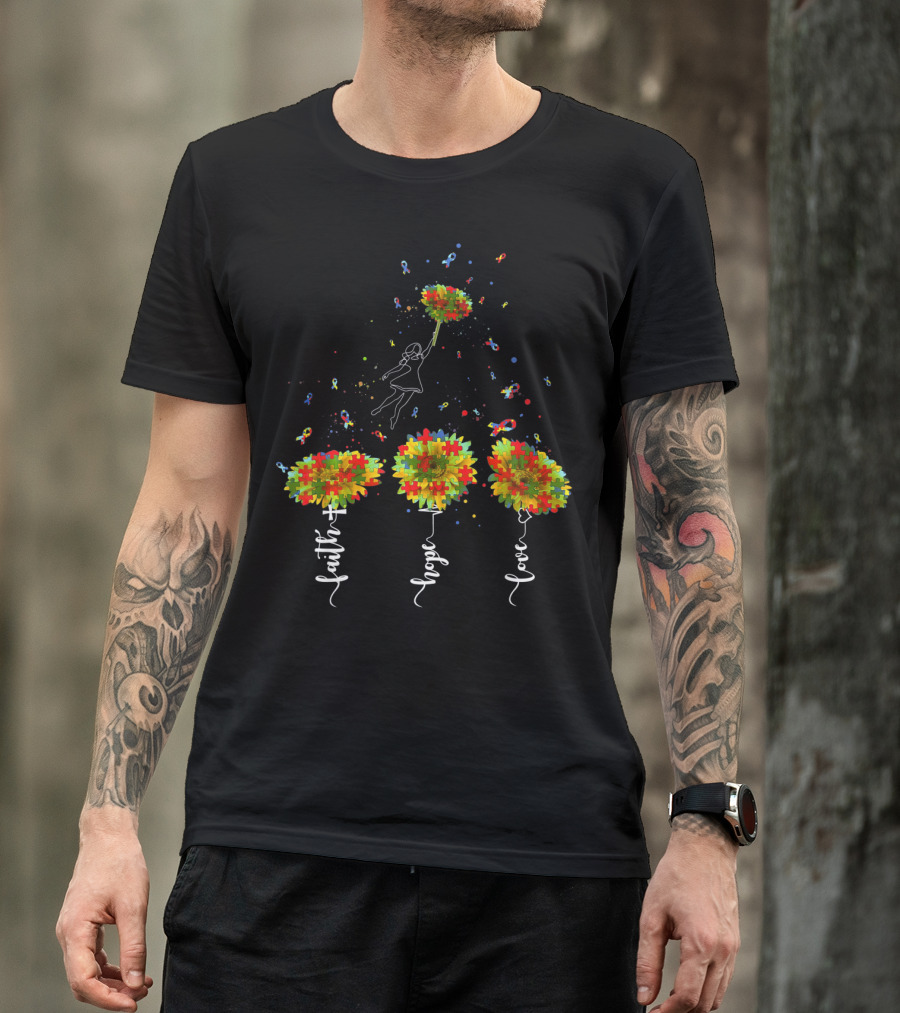 Faith Hope Love Sunflower Puzzle Pieces Balloon T-Shirt
