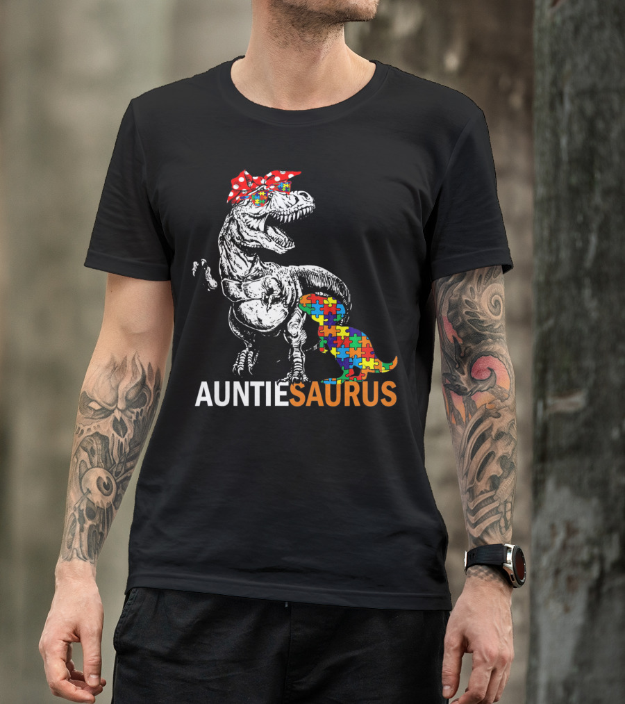 Auntie Saurus Puzzle Pattern Autism Dinosaur T-Shirt