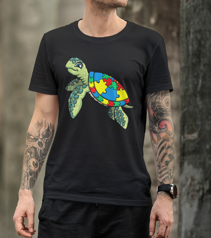 Turtle With Colorful Puzzle Pieces For Autism Awareness T-Shirt