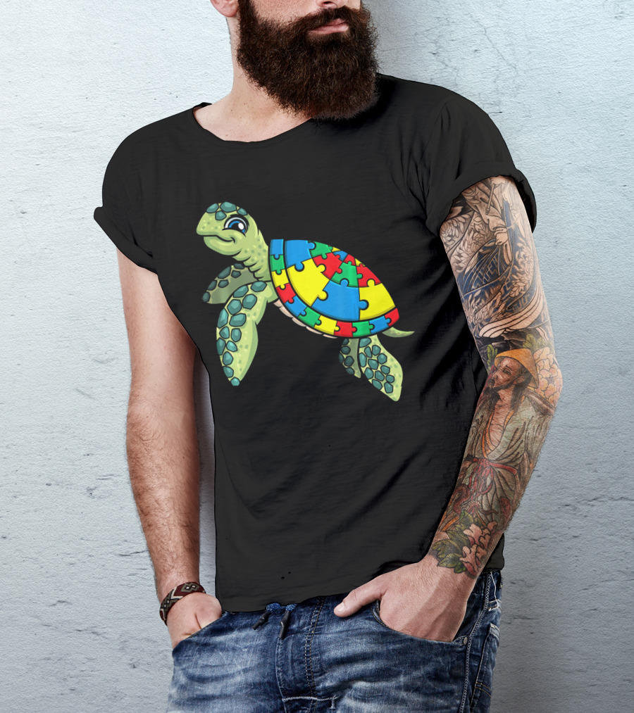 Turtle With Colorful Puzzle Pieces For Autism Awareness T-Shirt
