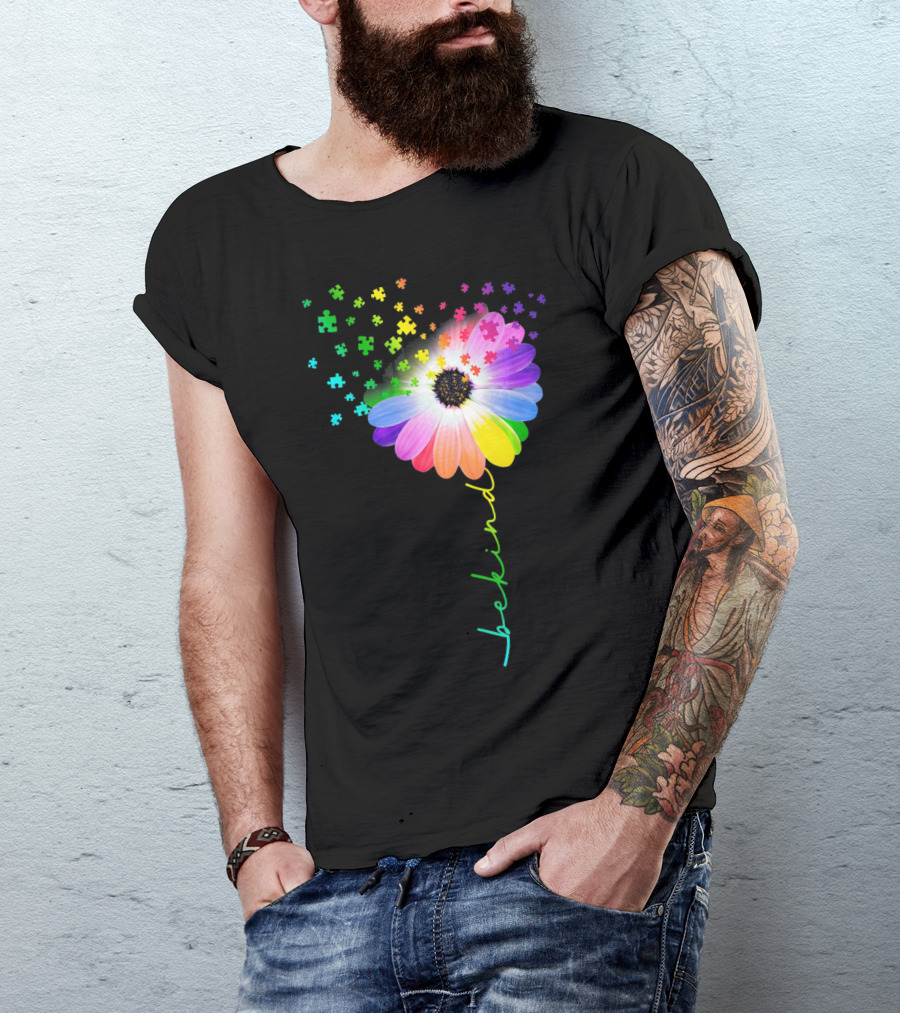 Flower Daisy Dandelion Be Kind Rainbow Puzzle Autism Awareness T-Shirt