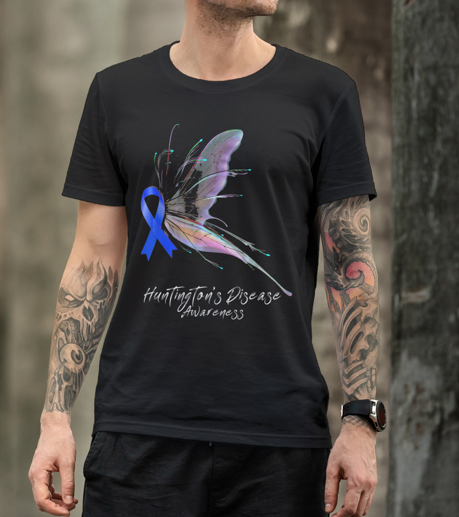 Huntington's Disease Awareness Blue Ribbon Butterfly T-Shirt
