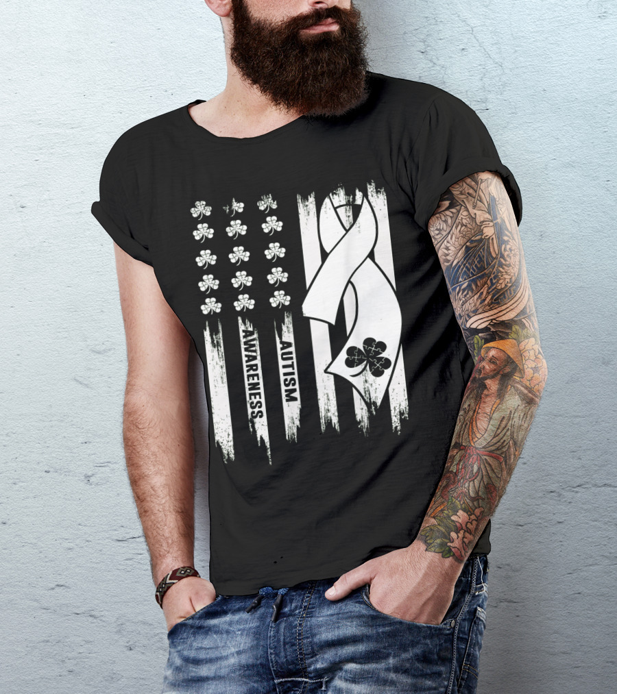Autism Awareness Ribbon Patrick's Day American Flag Clover T-Shirt