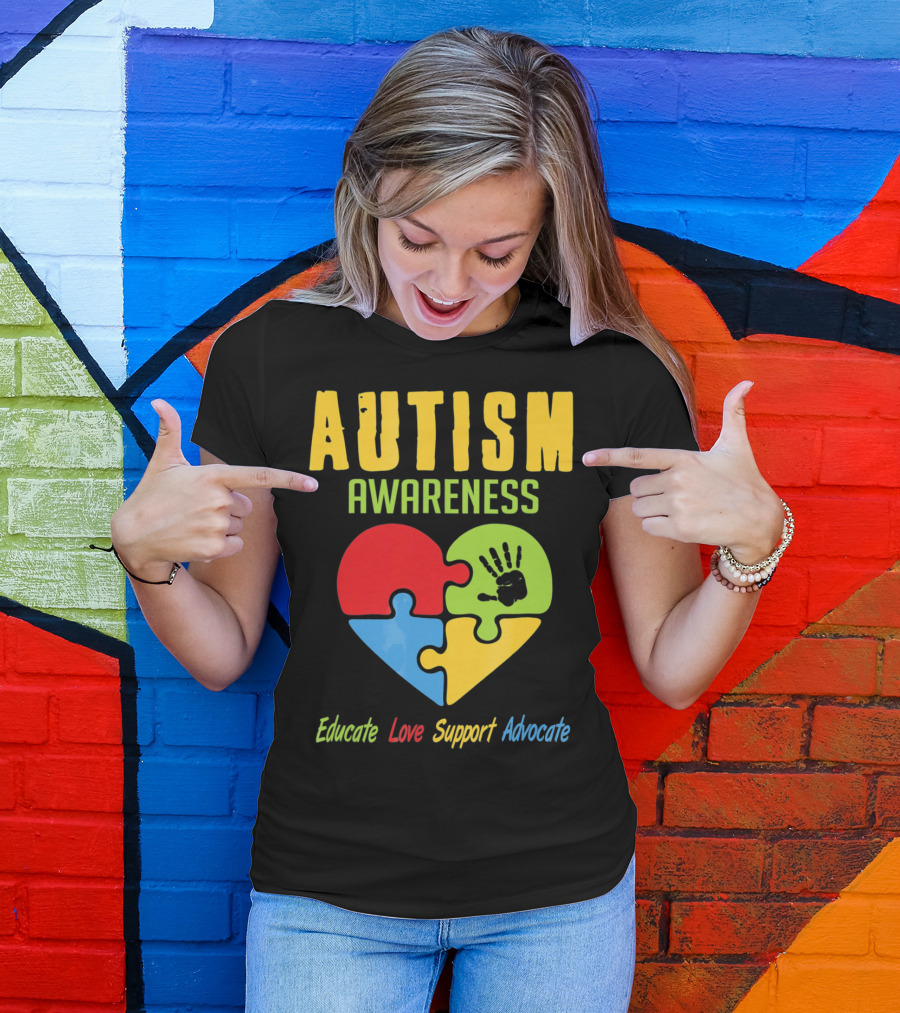 Autism Awareness Advocate Educate Love Support Puzzle Heart Handprint T-Shirt