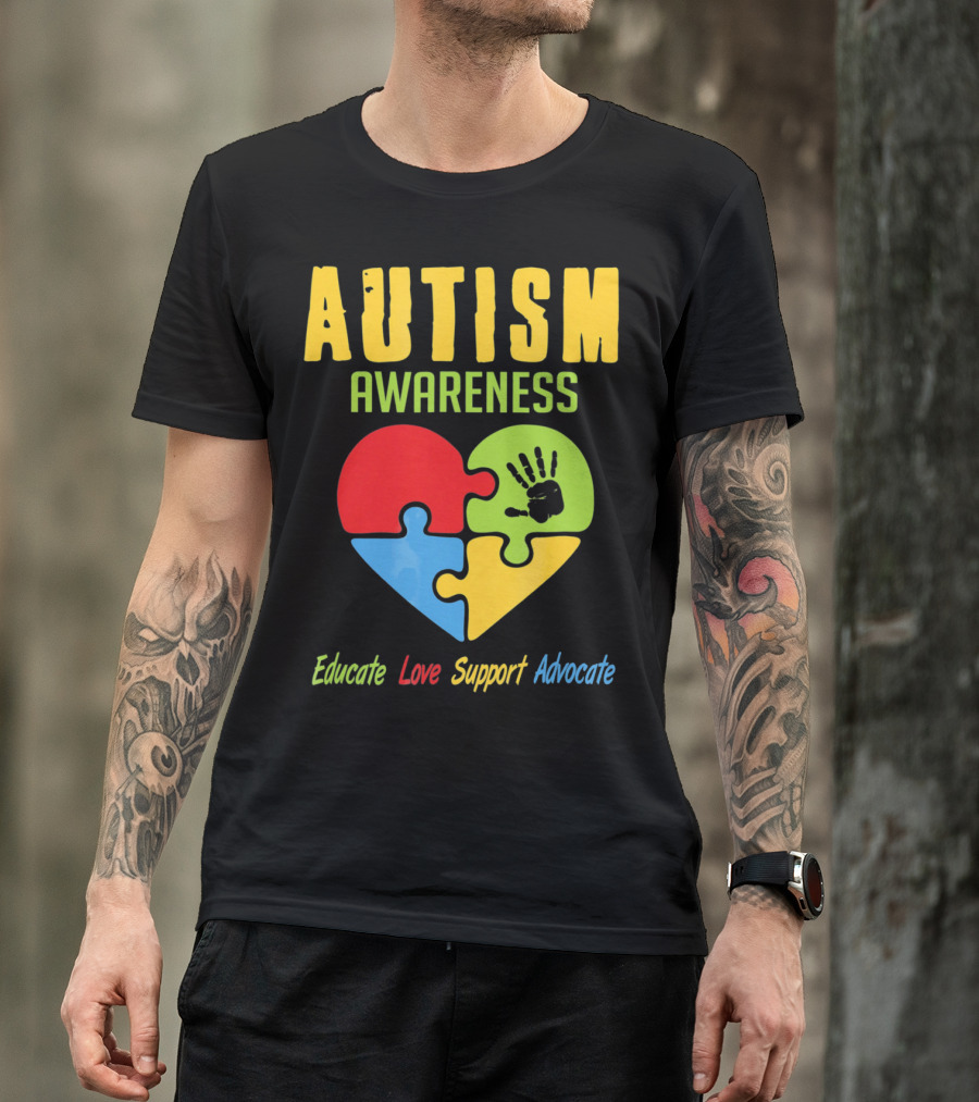 Autism Awareness Advocate Educate Love Support Puzzle Heart Handprint T-Shirt