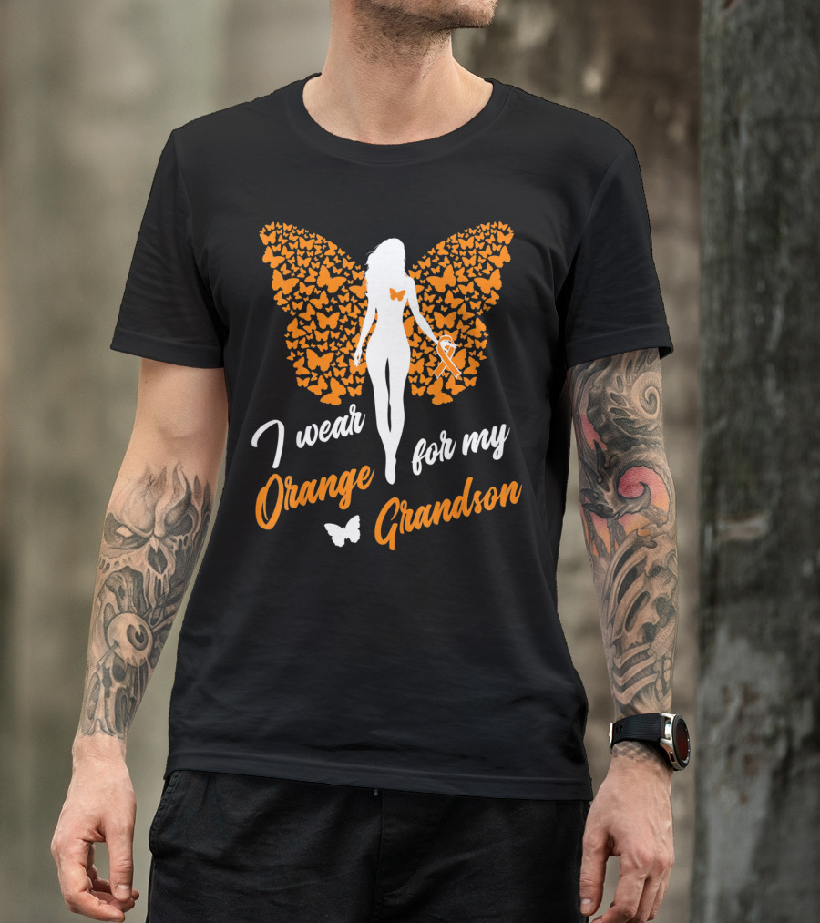I Wear Orange For My Grandson Leukemia Butterfly Ribbon Awareness T-Shirt
