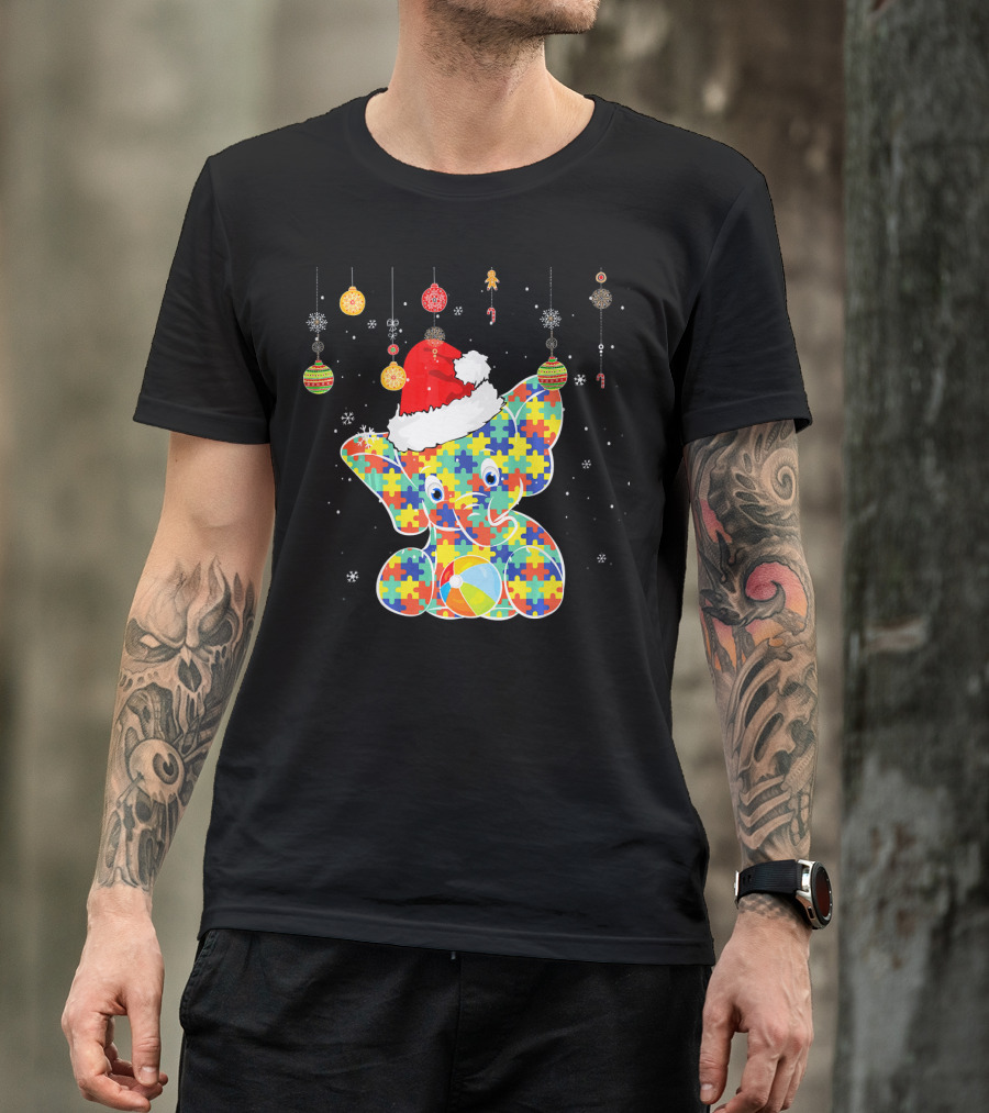 Festive Christmas Elephant In Santa Hat With Autism Puzzle T-Shirt