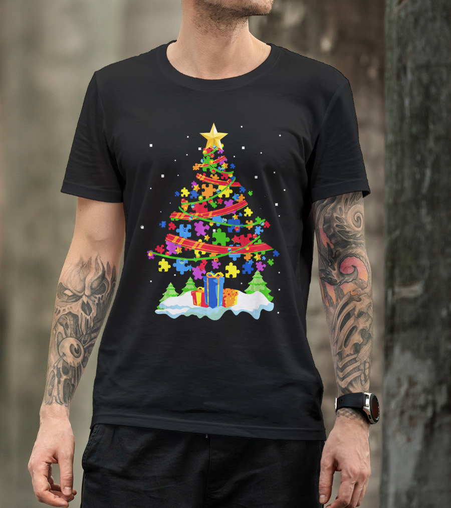 Autism Awareness Christmas Tree Puzzle Pieces Holiday Celebrations T-Shirt