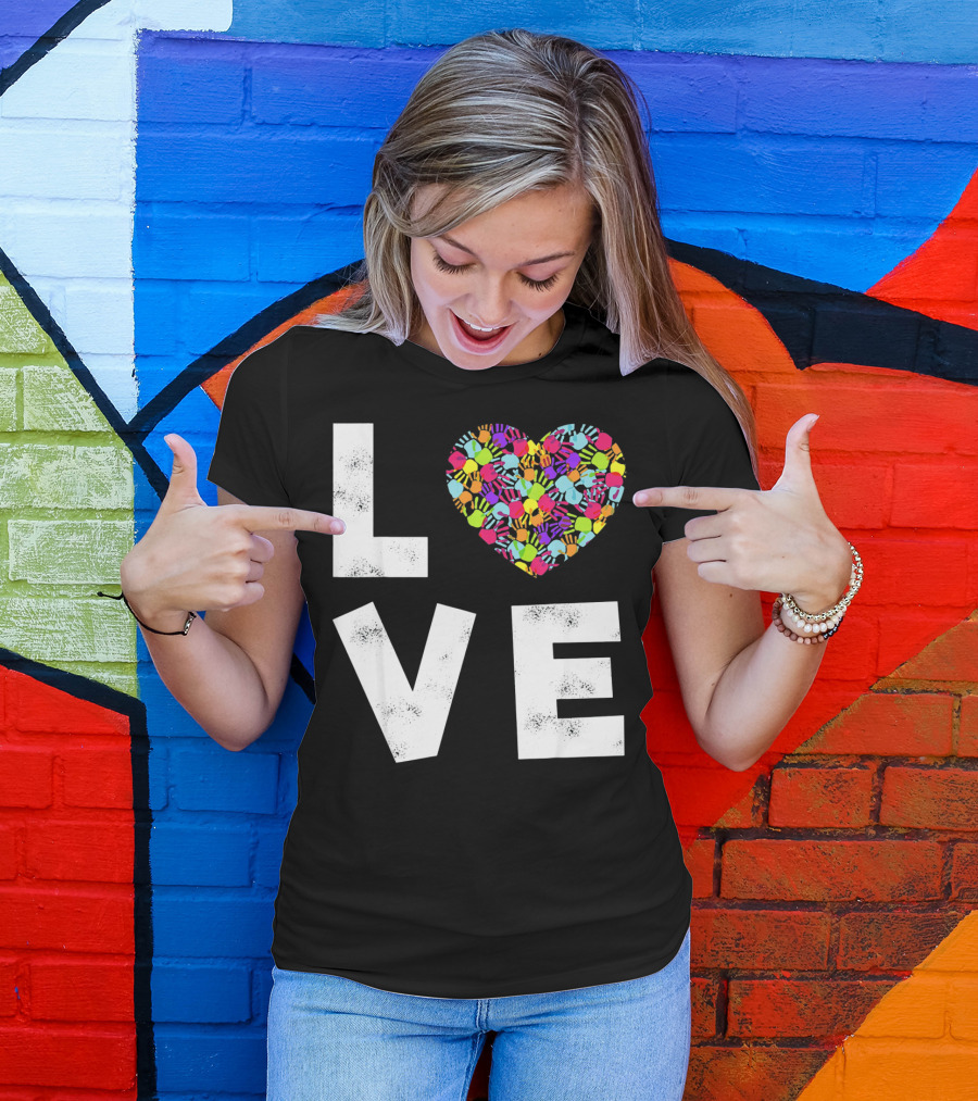 LOVE Heart With Colorful Handprints For Autism Awareness T-Shirt