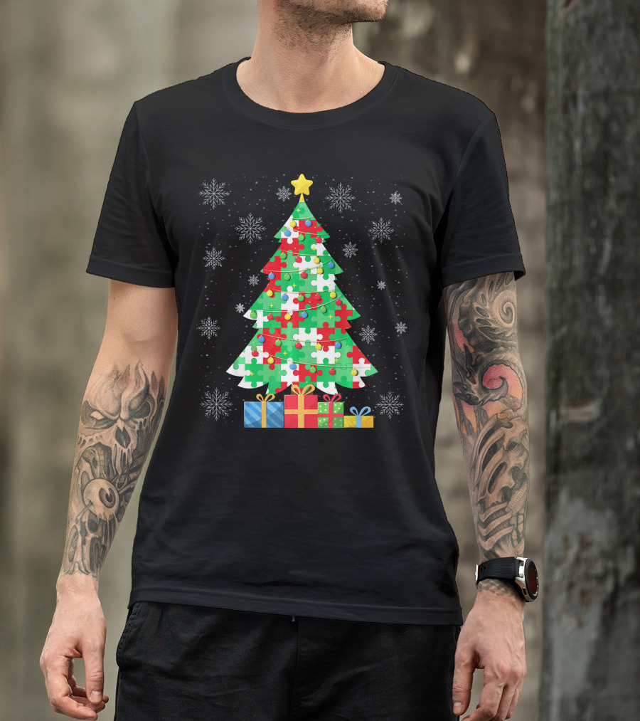 Autism Tree Christmas Puzzle Pattern With Gifts And Snowflakes T-Shirt