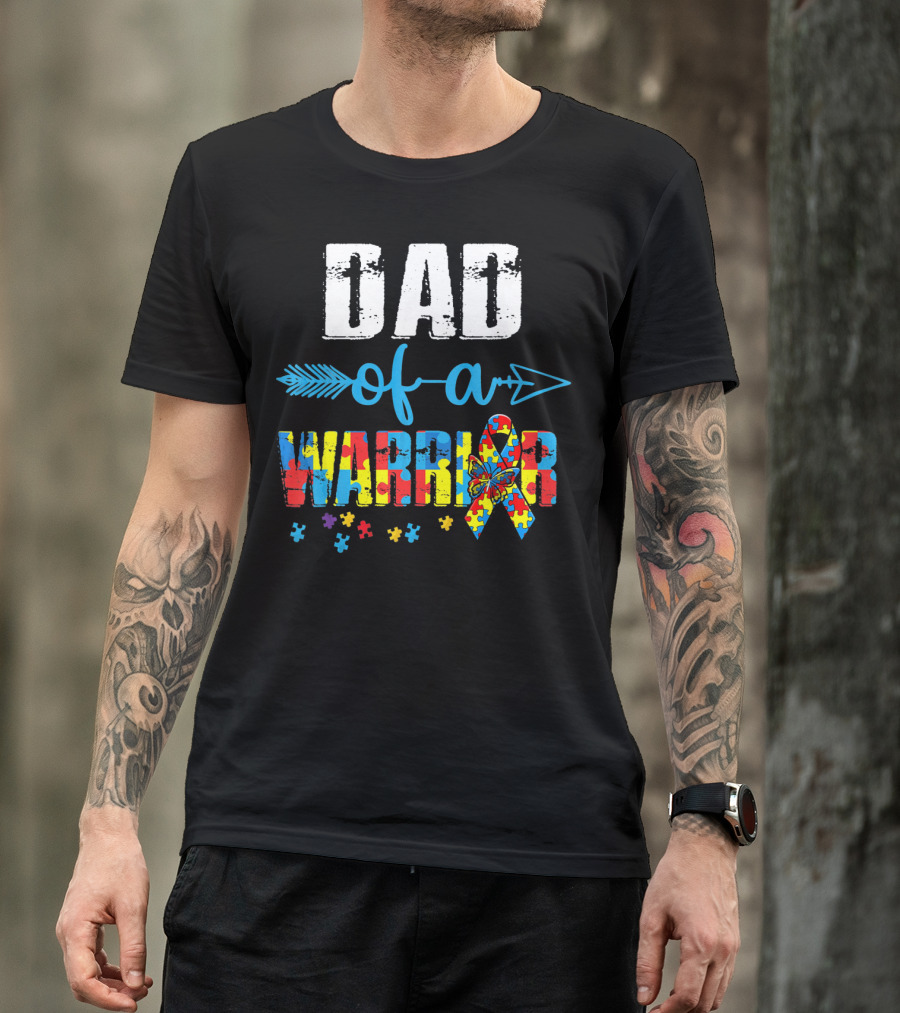 Dad Of A Warrior Autism Awareness Ribbon Arrow Puzzle T-Shirt