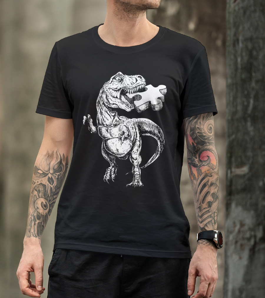 Cool Dinosaur Puzzle Piece Autism Awareness T-Shirt