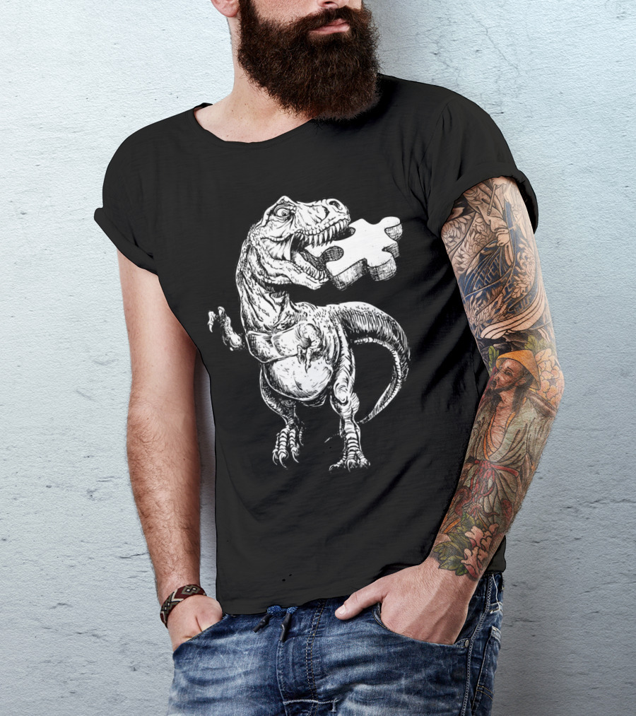 Cool Dinosaur Puzzle Piece Autism Awareness T-Shirt