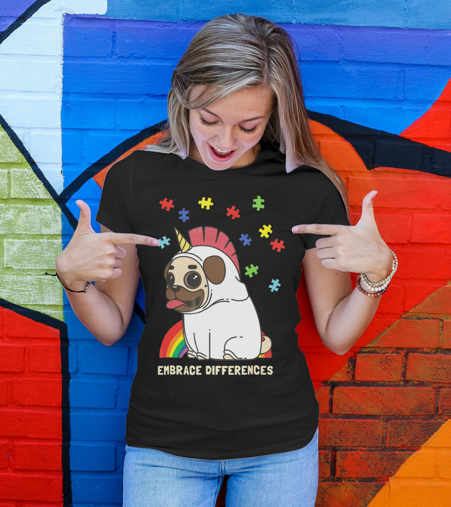 Embrace Differences Autism Awareness Unicorn Pug T-Shirt