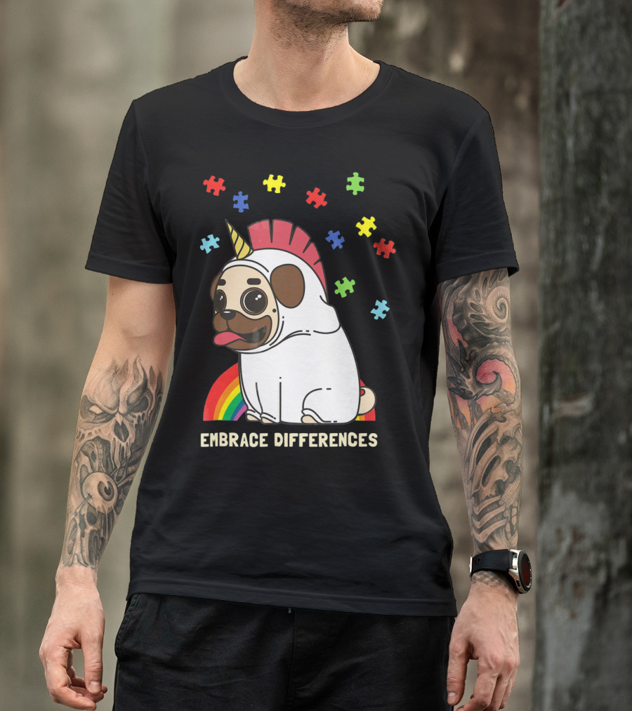 Embrace Differences Autism Awareness Unicorn Pug T-Shirt