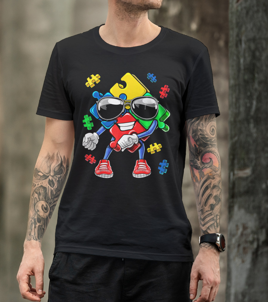 Autism Awareness Flossing Puzzle Piece With Sunglasses And Sneakers T-Shirt