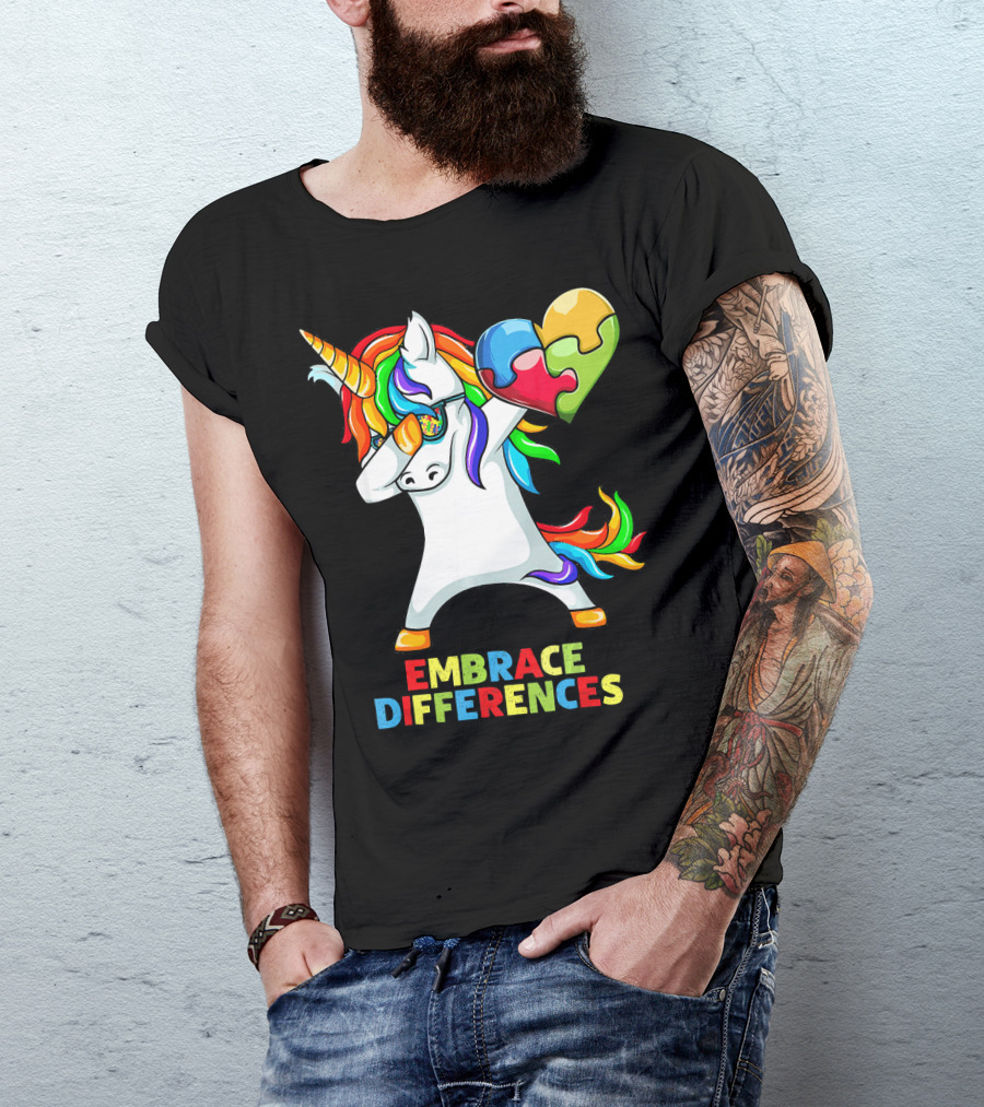 Dabbing Unicorn Embrace Differences Autism Puzzle Heart T-Shirt