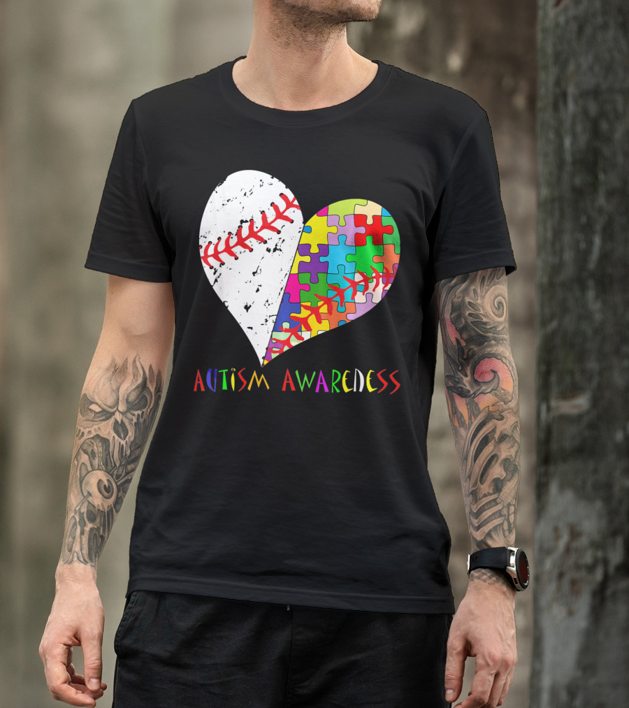 Swing For A Cause Baseball Heart Autism Awareness Puzzle Pieces T-Shirt