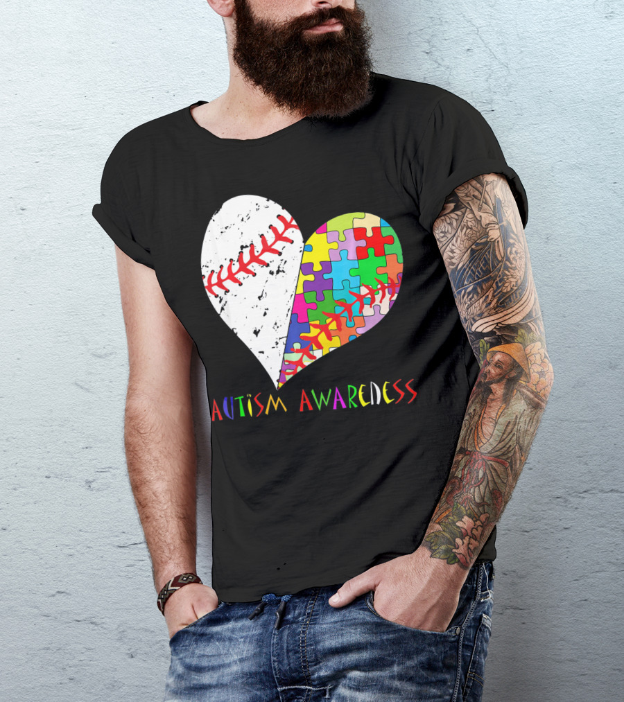 Swing For A Cause Baseball Heart Autism Awareness Puzzle Pieces T-Shirt