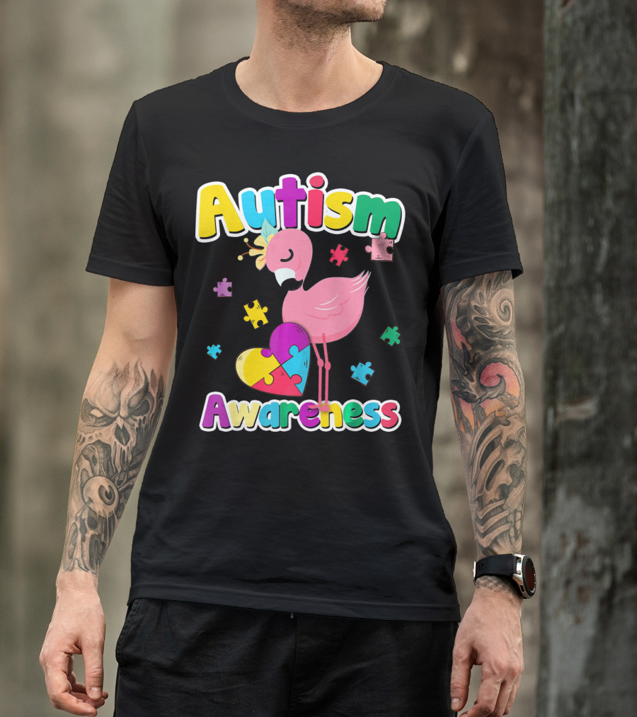 Autism Awareness Flamingo Heart Puzzle Pieces T-Shirt