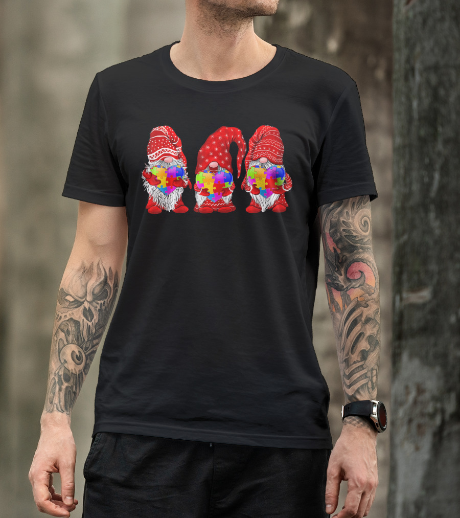 Autism Awareness Gnomies Red Hats Holding Colorful Puzzle Pieces T-Shirt