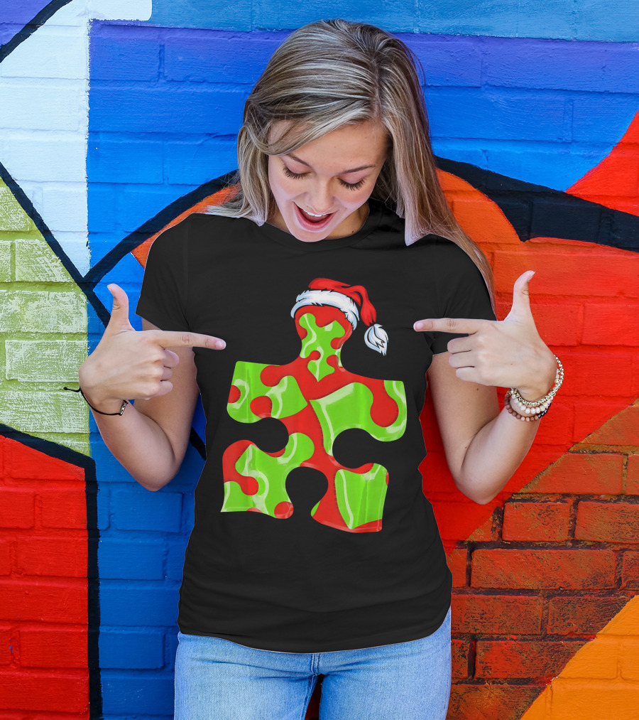 Puzzle Piece Santa Hat Red Green Autism Awareness T-Shirt