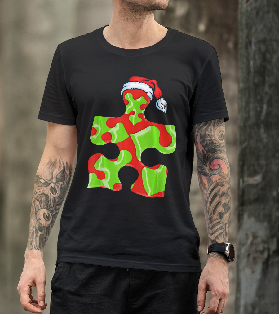 Puzzle Piece Santa Hat Red Green Autism Awareness T-Shirt