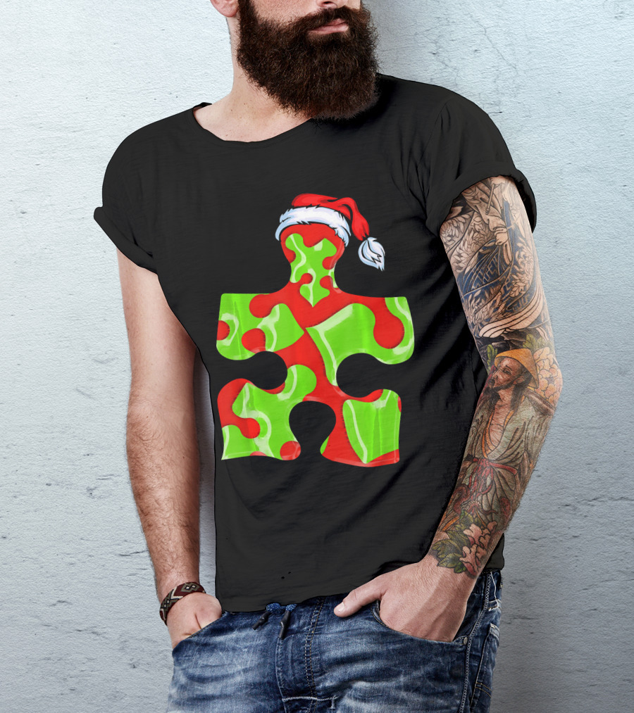Puzzle Piece Santa Hat Red Green Autism Awareness T-Shirt