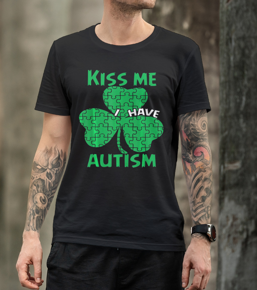 Kiss Me I Have Autism Awareness Shamrock Puzzle T-Shirt
