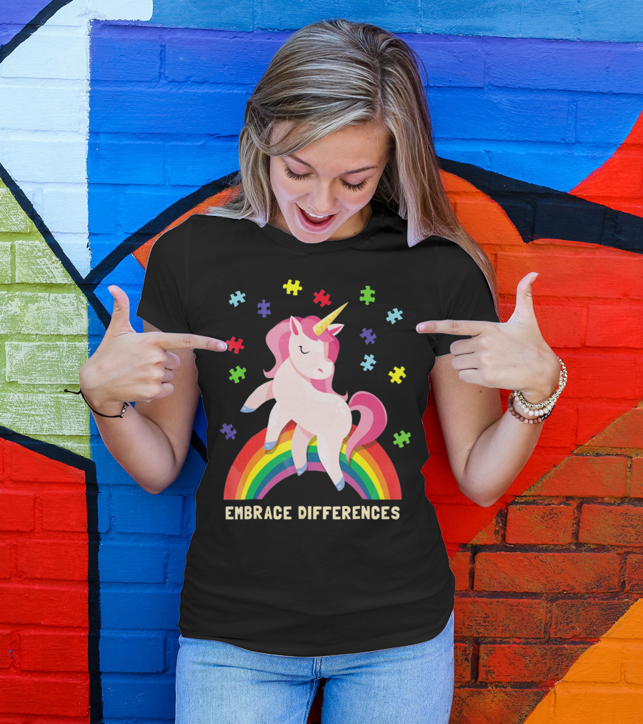 Embrace Differences Autism Awareness Youth Unicorn Rainbow Puzzle Pieces T-Shirt