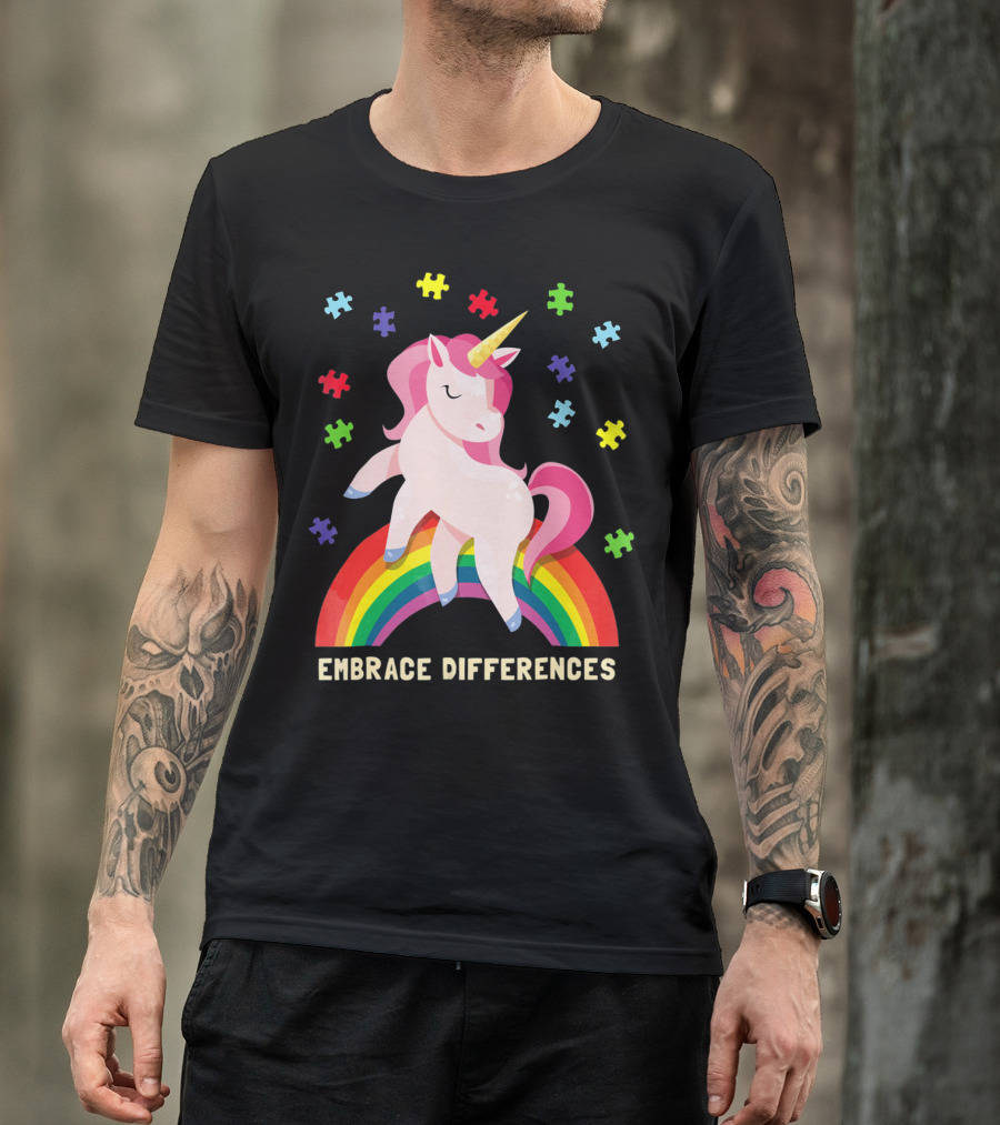 Embrace Differences Autism Awareness Youth Unicorn Rainbow Puzzle Pieces T-Shirt