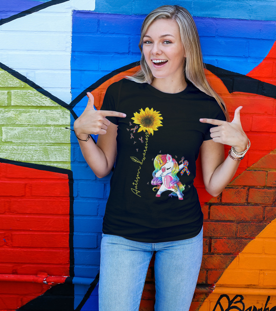 Autism Awareness Unicorn With Rainbow Ribbon Sunflower T-Shirt