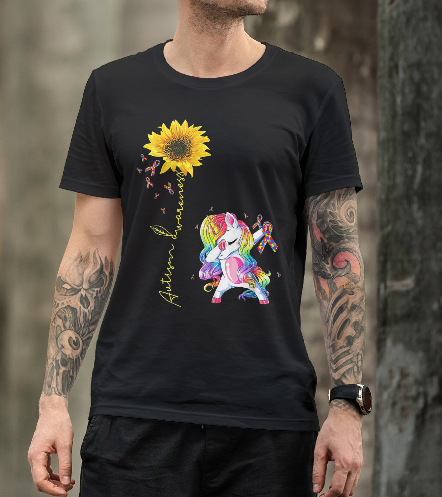 Autism Awareness Unicorn With Rainbow Ribbon Sunflower T-Shirt